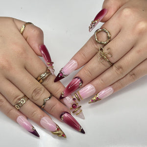 3D Gold Luxury Wine Red Press On Nails | Jelly Burgundy Ombre | Y2K Metallic Chrome Art | Statement Wedding Party | OB1351DG