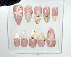 Soft Nude Seashell 3D Press On Nails | Starfish, Shell & Floral Nail Art | Handmade Pastel Nude Beach Nails | OC987EK