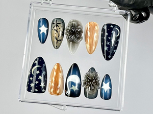 Luxury Night Sky Press On Nails | Midnight Sky Themed Fake nails | Dark Aesthetic Celestial Nail Art | Starry Night Press Ons | OB788YK