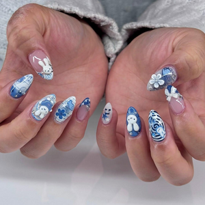 Blue Bunny Kawaii Press On Nails | 3D Rabbit Nails | Cute Cartoon Bunny Nails| Hand Painted Blue Aesthetic Nails | Easter Press Ons| OB321HC