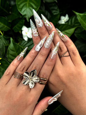 Ethereal Floral Press On Nails | Pearl Chrome Stiletto Nails | 3D White Flower Nails | Luxury Bridal Nails | Elegant Handmade Nail| OB1296NC