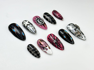 Y2K Black Pink Press On Nails | Silver Star Chrome Nails | Alt Fire Flame Design | Cyber Gothic Press Ons | Gothic Glam Nail Set | OC888H