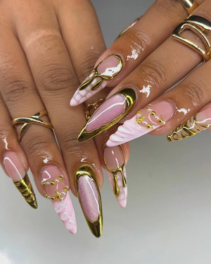 Nude Pink Gold Press On Nails | Luxury Molten Metal Nail Art | Elegant Long Stiletto Press Ons | Baroque Couture Nail Design | OC1246HC