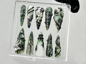 Emerald Witch 3D Press On Nails | Spooky Witch Nail Art | Creepy Cute Press Ons | Black Green Horror Fake nails | 3D Creepy Nails | OB945YC