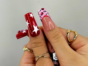 Retro Cherry Leopard Press On Nails | 8 Ball & Red Star Nail Art | Pink Leopard Print Nails | Handmade Pop Art Nail Set | OB115EC