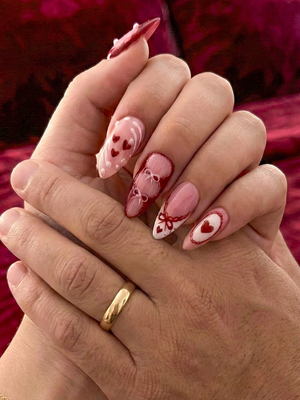 Press On Nails Adhesive Tabs – Pink Red Heart & Bow Design Long Almond Handmade Fake Nails for Valentine Gift | OB5L