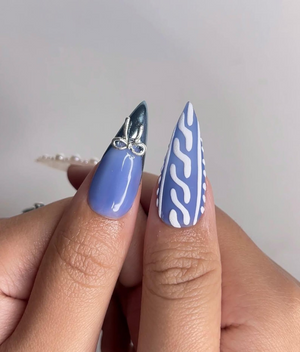 Frosted Winter Elegance Christmas Nails | Icy Blue Chrome Nail Art | Pearl Snowflake Design | Winter Wonderland Nails | Luxury Nail|OB1199HK