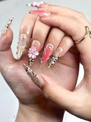 3D Hibiscus Flower & Tropical Muse Nails | Ethereal Goddess Press Ons | Luxury Seashell Art Nails |Nude Pink Floral Summer Nails | OB360IC