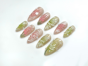 Dewdrop Meadow Press On Nails | Pastel Green & Pink Shimmer | Hand-Painted Floral Line Art and Crystal Accents | OB987EK
