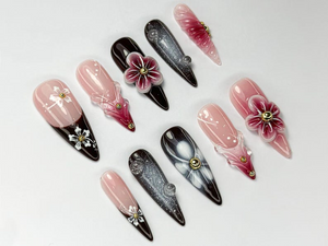 Elegant Red Floral Press On Nails | 3D Red Blossom Nail Set | Elegant Spring Nails | Glossy Floral Nail Set | Dark Glam Nails | OC756HC