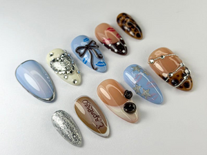 Modern Espresso Coffee Press-On Nails | Glitter, Glam Espresso Nails | Coffee, Leopard & Bow Designs | Luxury Espresso Aesthetic | OC713HC