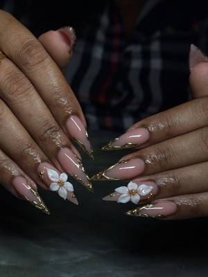 Nude Pink Luxury Press On Nails | Blush Floral Nails | 3D White Flower Nail Art | Elegant Bridal Press Ons | Soft Glam Nail Set | OC1232HC