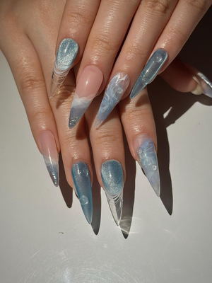 Icy Blue Ocean Press On Nails | Blue Stiletto Nails for Women | Clear French Tip Crystal Nails | Bridal Luxury Nails| Elegant Nails|OC1277HC