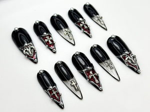 Gothic Cross Tip Press On Nails | Vampire Red & Black Nails | Gothic Triangle Accent Nails | Religious Symbol Nails | Dark Glam Nail| OC865H