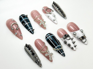 Punk Cross Chain Press On Nails | Gothic Plaid Nail Art | Spiked Pierced Punk Nails | Black White Silver Press Ons | Edgy Nail Set | OC864HK