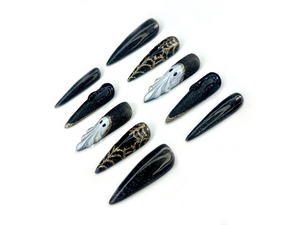 Midnight Phantom Press On Nails | Gothic Ghost Nail Art |Black Sparkle with 3D Ghost & Web Details | Handmade Long Coffin Press Ons |OC141EK