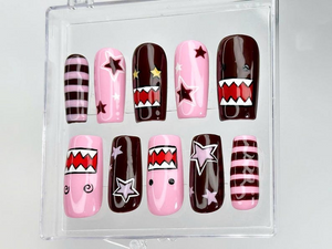 Kawaii Pink Monster Press On Nails | Domo Character Nail Art | Pink & Brown Cartoon Nails | Cute Star Stripes Nails | Handmade Nails|OC970DC