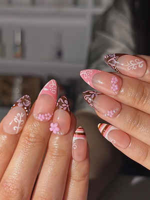 Pink Brown Floral Press On Nails | Cute Pink Nail Art | Sweet Dessert Inspired Nails | 3D Flower Nail Set | Handmade Press Ons | OC1298HK