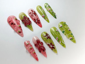 Spring Bloom Press-On Nails | Handmade Lotus Blossom Nail Set | Pink & Green Lotus Nail Art | Nature-Inspired Nails |OC720HC