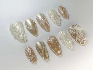 3D Pearl Jellyfish Press-On Nails | Ocean-Inspired Pearl Nail Set | Elegant Nude & Pearl Nail Art | Classy Ocean Nail | Ocean Theme| OB721HC