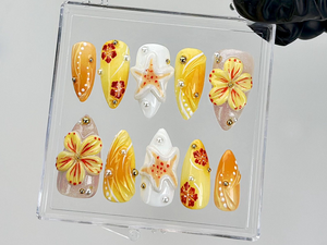 Tropical Summer Press On Nails | 3D Flower & Starfish Fake Nails | Beach Vibes Nail Art | Orange Yellow Floral Press Ons | Summer | OB881YK