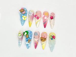 Kawaii Hello Kitty Press On Nails| 3D Tropical Nail Art | Cat & Plaid 3D Nail Set | Handmade Nail Set | Cute 3D Nail Art Design| OB619LC
