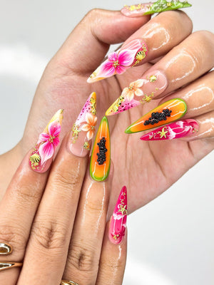 3D Tropical Papaya & Ocean Nails | Summer Starfish Seahorse Press Ons | Juicy Fruit Botanical Luxury Stiletto Art | OB368IC