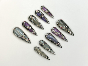 Futuristic Metallic Press On Nails | Silver Frame Nail Art | Gemstone Inspired Handmade Nails | Gray & Purple Luxury Nail Set | OC1158BC