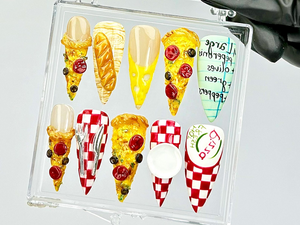 Pepperoni Pizza Nails By Dorynail | 3D Food Fake Nails | 3D Novelty Nail Art | Gift for Pizza Lovers Acrylic Nails | 3D Pizza Nails |OB818Y
