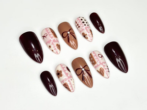 Chocolate Autumn Press On Nails | Sweet Treats-Inspired Nail Art | Soft Pink & Brown Handcrafted Design | Handmade Unique Nail Set | OB182HC