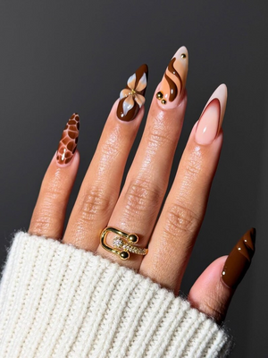 Mocha Bloom Autumn Press On Nails | Brown Nude Gradient Nail Set | 3D Flower & Gold Bead Accents | Luxury Tortoiseshell Nail | OB1102EK