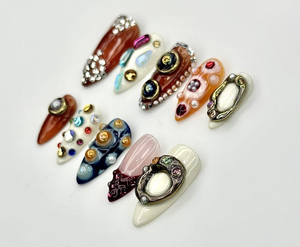 Galaxy Artifact Press On Nails | 3D Gemstone Nail Sculpture | Cosmic Jewel Art Nails | Handmade Abstract Press Ons | OC937EK