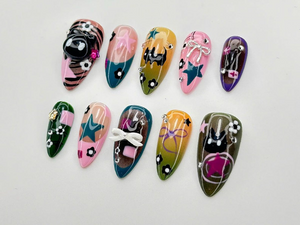 Goth Kawaii Press On Nails | Handmade Black Cat & Star Nail Art | Long Stiletto Glue On Nails | Alternative Aesthetic Gift for Her | OB913DC