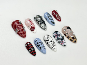 Grunge Cartoon Style Press On Nails | Red & Blue Mismatch Nails | Handpainted Edgy Punk Art | Funky Cartoon Press Ons| Handmade Nail|OC977HC