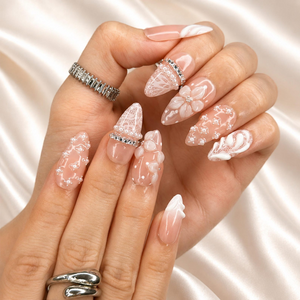 Pink Press On Nails Almond • Bridal Shower Gift Idea • Coquette Pearl Bow 3D Flower Lace Handmade Fake Nails Elegant Style| OB424LK