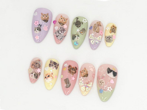 Cute Kitty and Bow Press-On Nail Set | Perfect for Pet Lovers | Kawaii Cat-Themed Press On Nails for Cute Style| Handmade Design |OB644LK