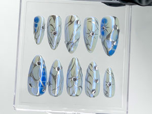 Elegant Blue Marble Press On Nails | Hand-Painted 3D Silver Patterns And Crystals Fake Nails | Rhinestone Nails | Y2k Nail Art | OC557YL