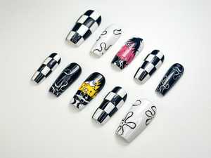 Punk Pop Cartoon Press On Nails | Black & White Checkerboard Nail Art | Handmade Funky Press Ons | Retro Pop Culture Nail Set | OB128HK