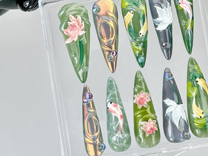 Koi Fish Nail Art by DoryNails | Japanese Pond Acrylic Nails | Water Garden Nail Art | Zen Inspired Fake Nails | Nature Aesthetic | OB808YK