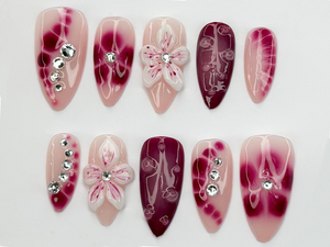 Hand Painted Press On Nails | Floral Accent Nails |3D Flowers - Rhinestone Accents| Perfect for Special Occasions|OB740LK