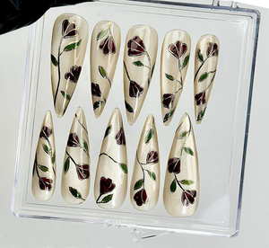 Vintage Vine Bloom Press On Nails | Handpainted Floral Nail Art | Nature-Inspired Botanical Tips | Elegant Glossy Press Ons | OC969EK