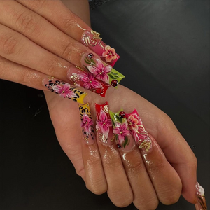Tropical Floral Press On Nails | 3D Tropical Flowers Nail Art | Vibrant Ladybug Design Fake Nails | Bold Tropical Kawaii Nails | OB893HC