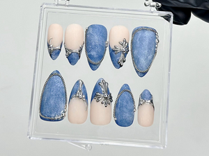 Silver Trim Denim Press On Nails | Blue Jean Fake Nails | Cowgirl Style Nail Art | Western Denim Press Ons | Textured Denim Nails | OB926YC