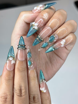 Teal Cat-Eye & 3D White Bloom Nails | Antique Gold Chrome Accents | Luxury Botanical Magnetic Stiletto Art | Elegant Nails | OB379IK