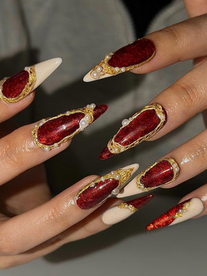 Red Chrome Luxury Press On Nails | Gold Frame Pearl Nail Art | Elegant Burgundy Stiletto Nails | Baroque Glam Nail Design | OC1305HC