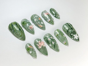 Green Forest Koi Press-On Nails | Handmade Koi Fish Nail Set | Green Floral & Marble Press-Ons | Glossy Press-On Nail Set | OB723HK