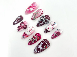 Gothic Bunny Dream Press On Nails | Red And Pink Festive Nail Art | 3D Bunny & Bow Charms | Starry Holiday Glam Nails | OB1177BC
