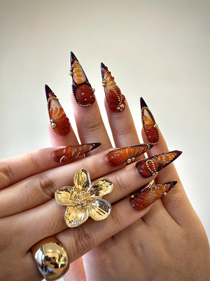 Amber Fall Press On Nails | Brown & Gold Ombre Nail Art | 3D Swirl Nails | Luxury Long Stiletto Nails | Elegant Glam Press Ons | OB174HC