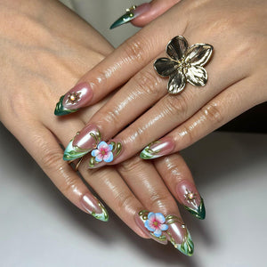 3D Floral Press On Nails | Green Leaf Pink Chrome Nails | Handmade Flower Nail Art | Elegant Spring Nails | Luxury Almond Nails | OC1308NC