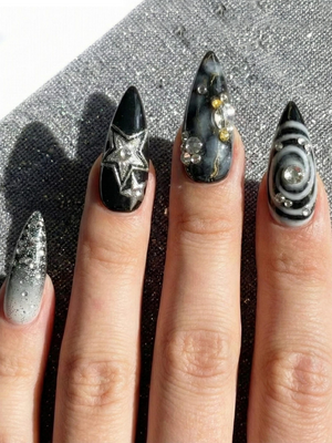 Gothic Black Cat Galaxy Press On Nails for Bold Girls | Handmade Silver Star Fake Nails | Dark Smoky Crystal Nail Art | OB286E